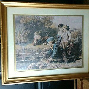Vintage Lithograph 1879 Children Fishing/Playing Near Pond Signed Framed